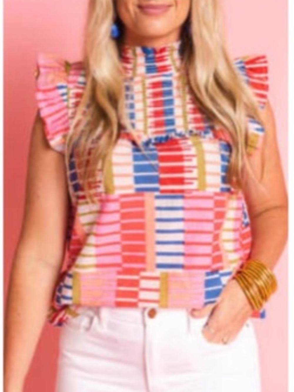 THML medium M pink multi stripe mock neck smocked short sleeve top blouse